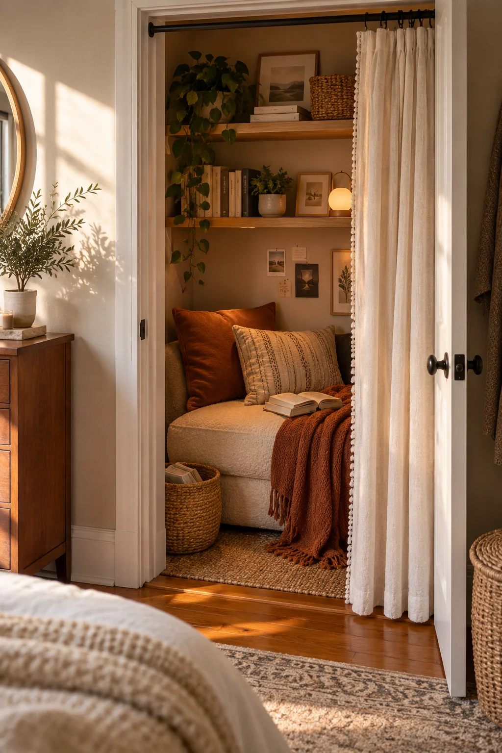 Cozy closet reading nook for adults in a small apartment