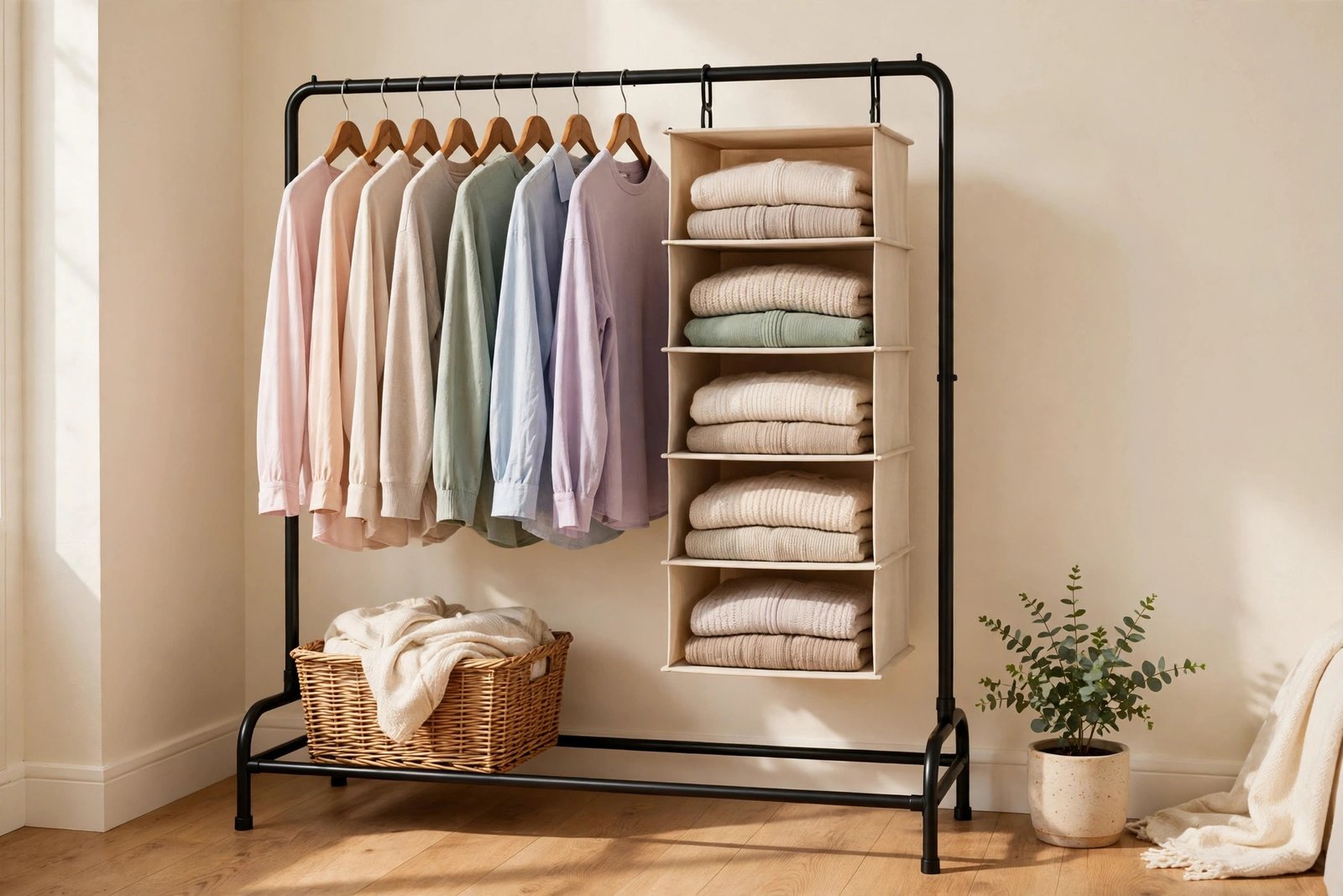 A garment rack styled as a closet alternative, with matching hangers and hanging shelves full of folded clothes