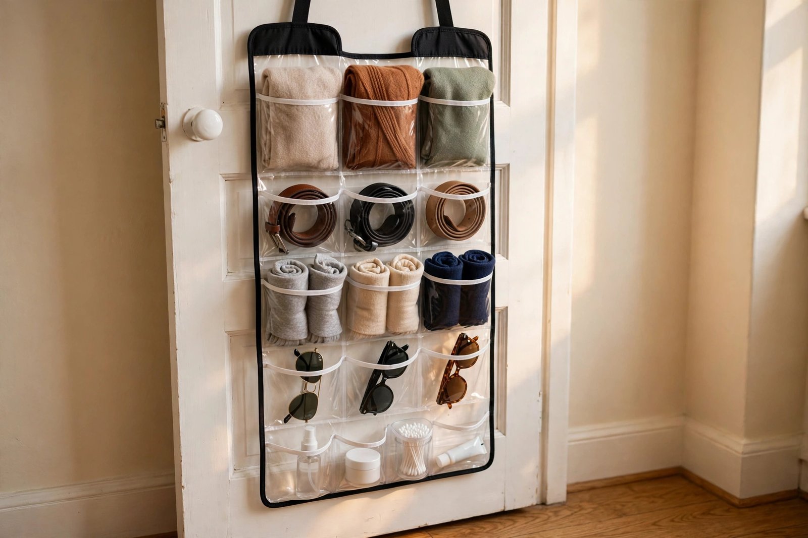 An over the door organizer with clear pockets holding scarves, belts, toiletries and small accessories