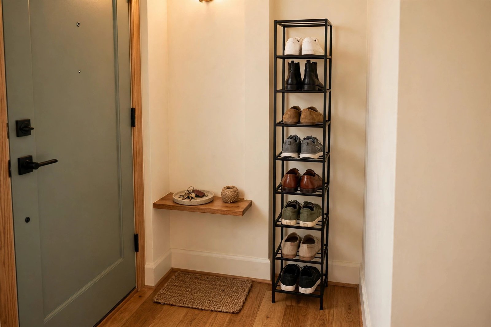A slim vertical shoe tower beside the front door of a small apartment entryway