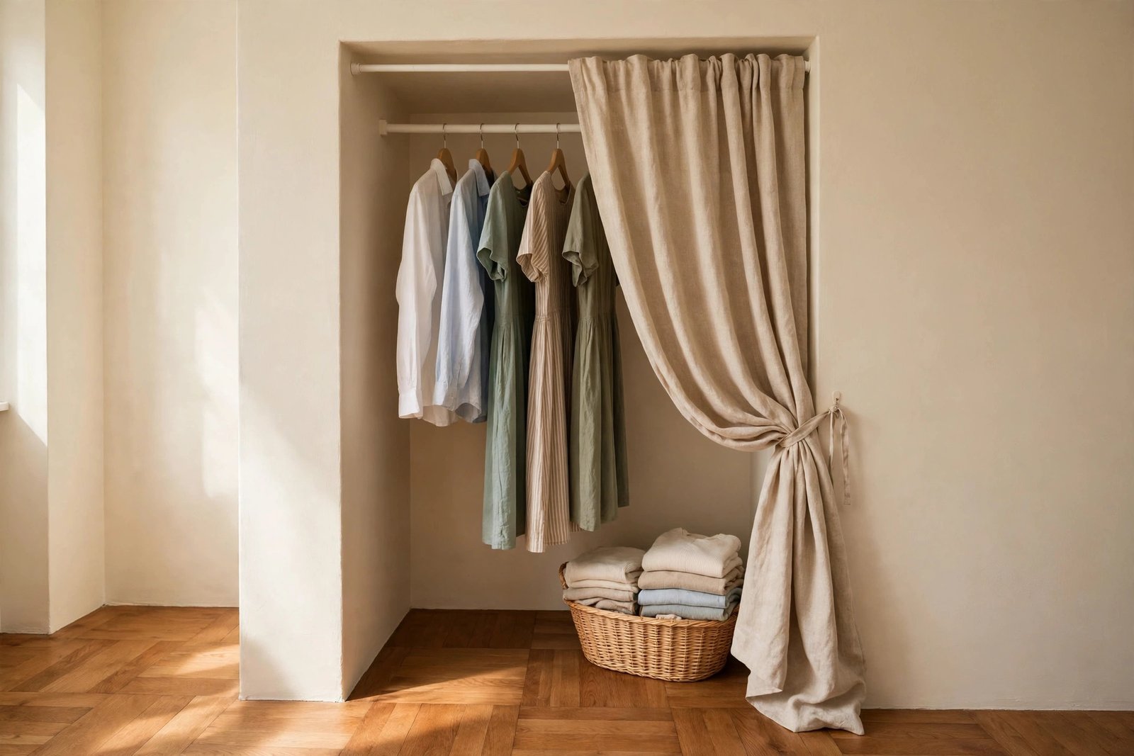 A small alcove turned into a hidden closet with a tension rod, hanging clothes and a linen curtain