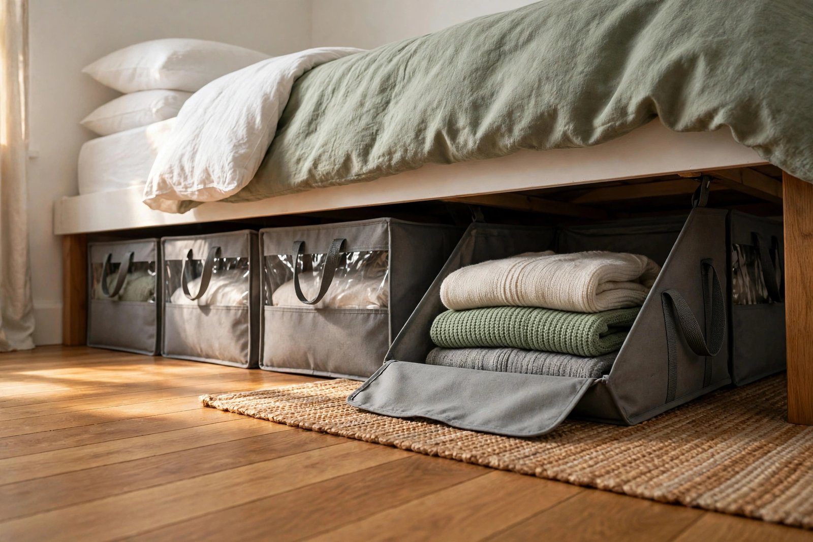 Storage bags and flat boxes sliding neatly under a raised bed in a small bedroom